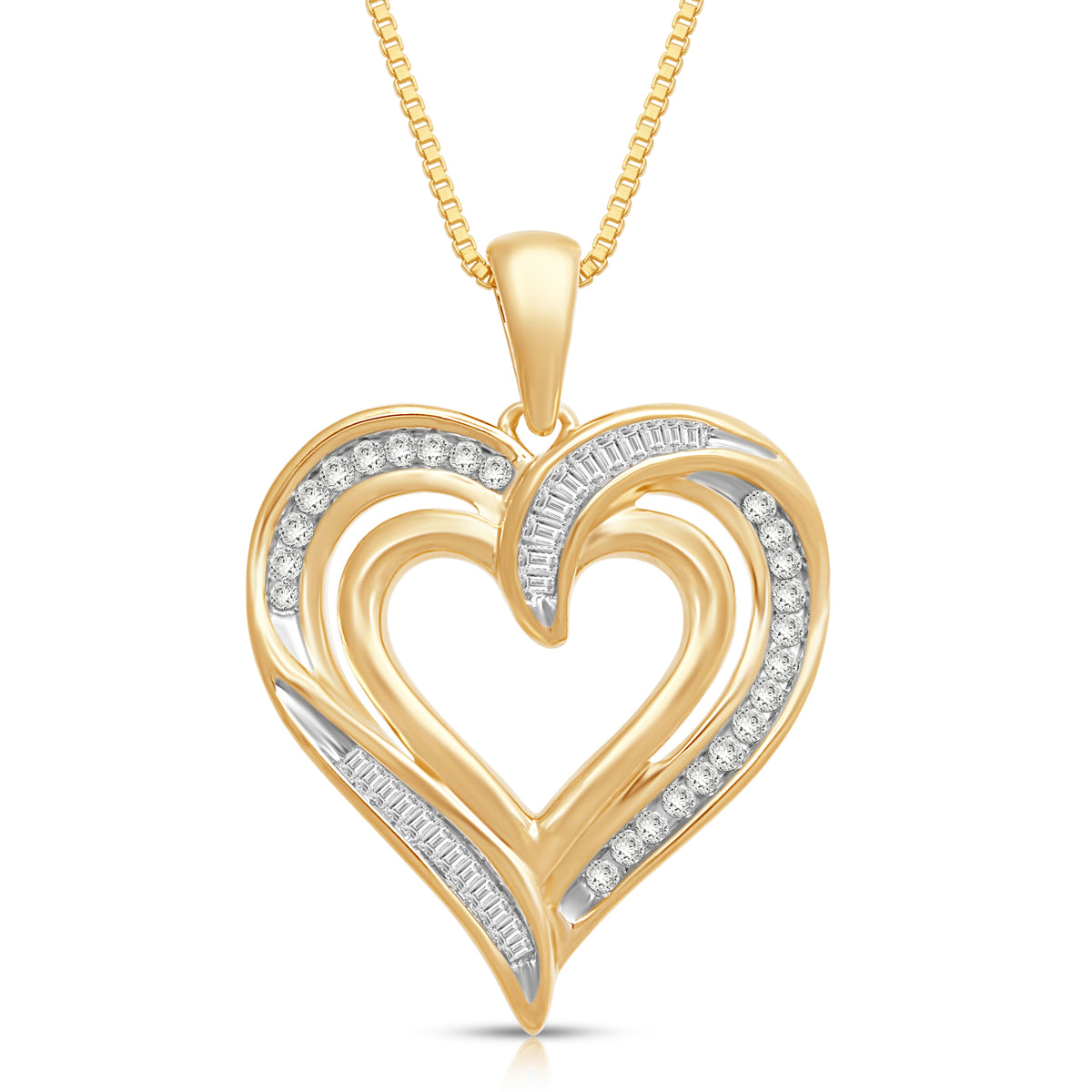 Jewelili 14K Yellow Gold over Sterling Silver with 1/4 CTTW Diamonds Heart  Pendant Necklace