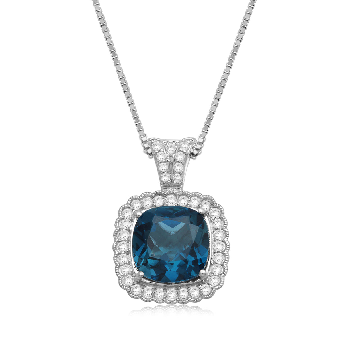 Jewelili Sterling Silver With Cushion Cut Swiss Blue Topaz, Round White  Topaz and Round Emerald Halo Pendant Necklace, 18