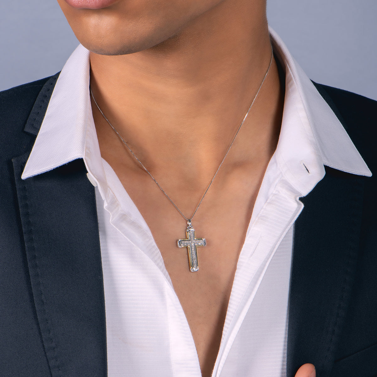 Jewelili Men's Cross Pendant Necklace Diamond Jewelry in Yellow