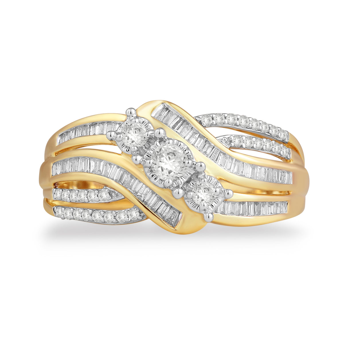 Jewelili 10K Yellow Gold 1/2 CTTW Baguette and Round Natural White Diamonds  3 Stone Engagement Ring