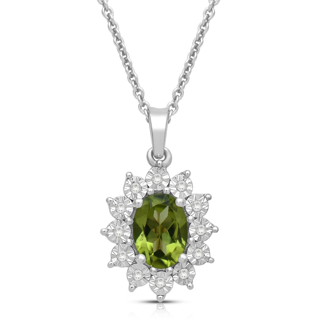 Jewelili Sterling Silver 7x5 MM Oval Genuine Peridot and 1/20 Cttw Natural White Round Diamond Pendant Necklace