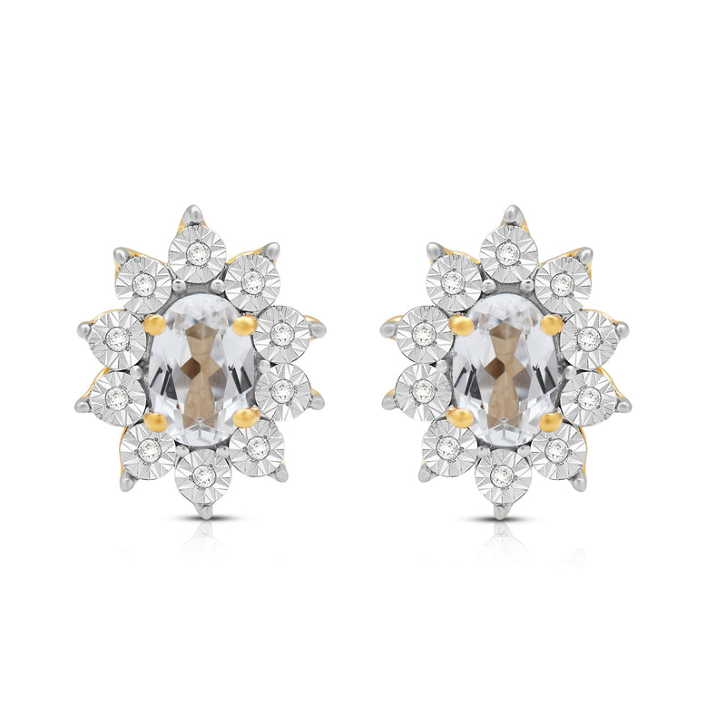 Jewelili 18K Yellow Gold over Sterling Sliver 6x4 MM Oval Created White Sapphire and 1/20 Cttw Natural White Round Diamond Cluster Stud Earrings