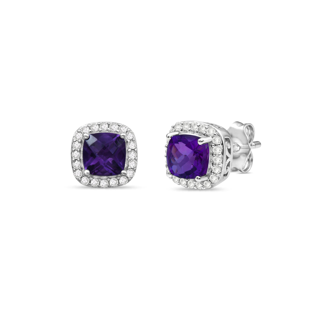 Jewelili Sterling Silver Cushion Cut Amethyst and Round Created White Sapphire Halo Studs Earrings