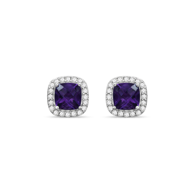 Jewelili Sterling Silver Cushion Cut Amethyst and Round Created White Sapphire Halo Studs Earrings