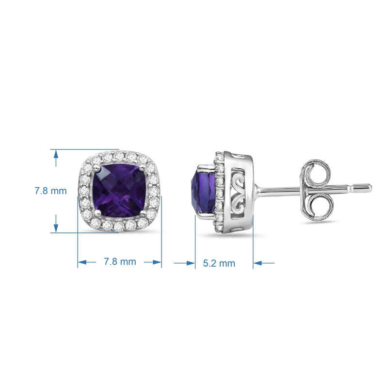 Jewelili Sterling Silver Cushion Cut Amethyst and Round Created White Sapphire Halo Studs Earrings