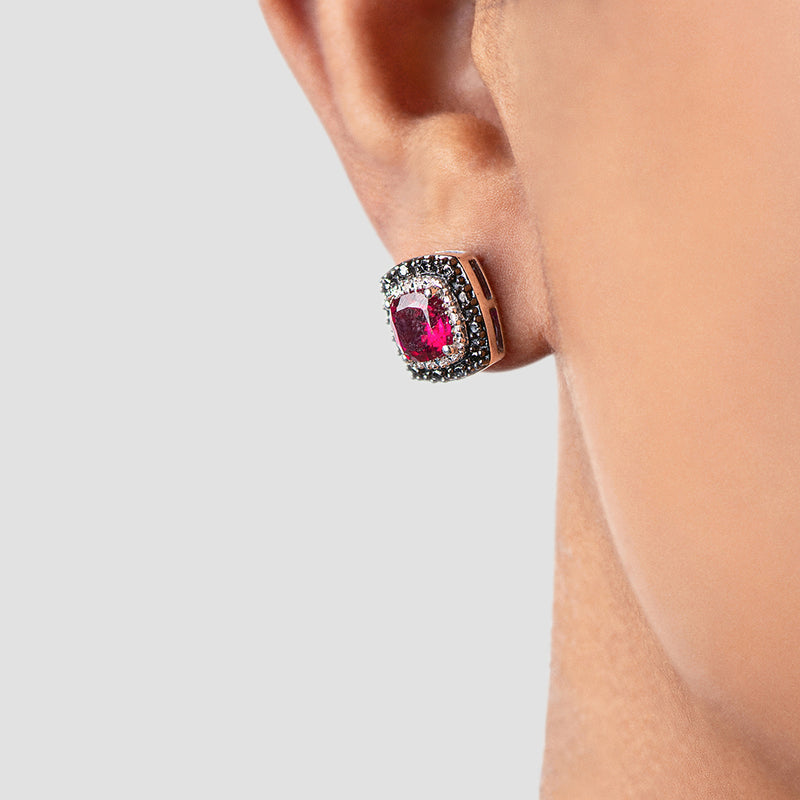 Jewelili Stud Earrings with Created Ruby, Treated Black Diamonds and White Diamonds in Sterling Silver View 2