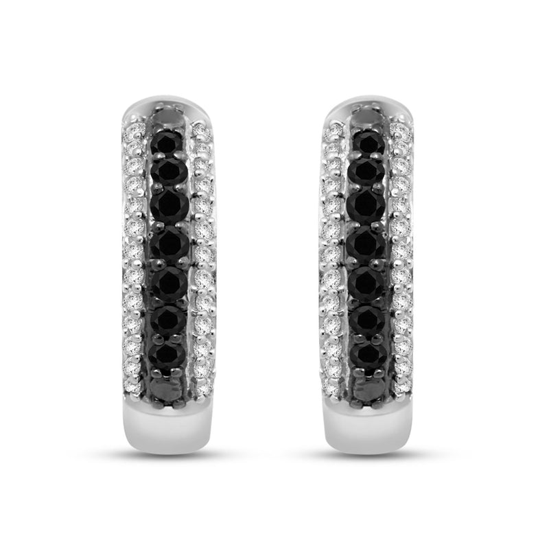 Jewelili Sterling Silver With 1/4 CTTW Treated Black and Natural White Diamonds Hoop Earrings