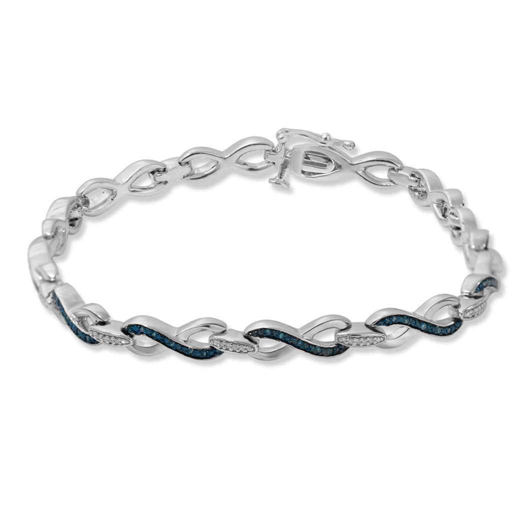 Jewelili Link Bracelet with Treated Blue and Natural White Round Diamonds in Sterling Silver 1/4 CTTW