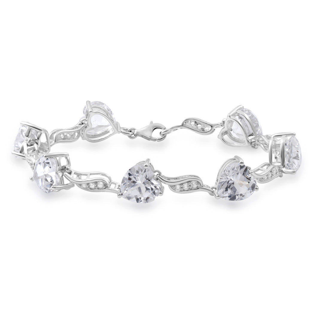 Jewelili Bracelet with Heart and Round Shape Created White Sapphire in Sterling Silver 7.25