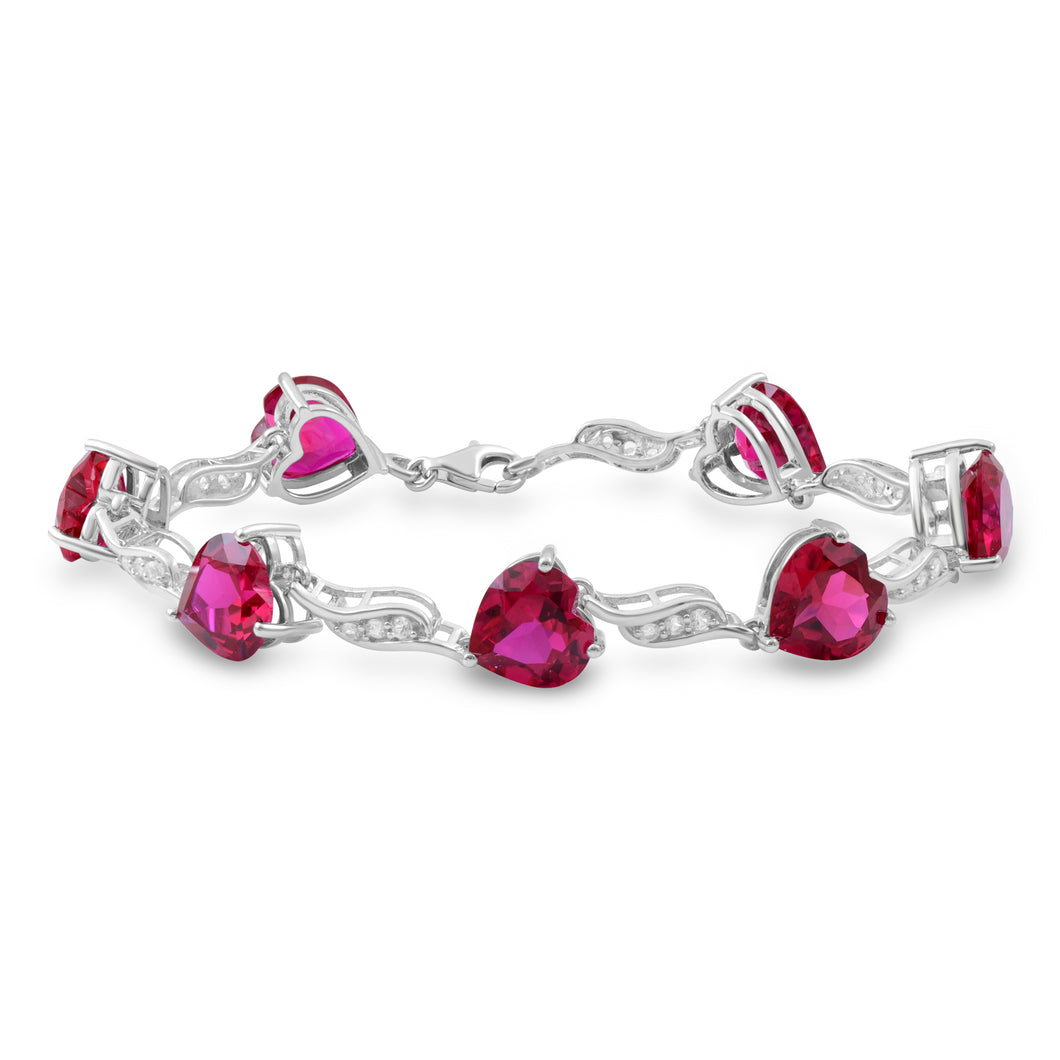 Jewelili Bracelet with Heart Shaped Created Ruby and Round Created White Sapphire in Sterling Silver 7.25