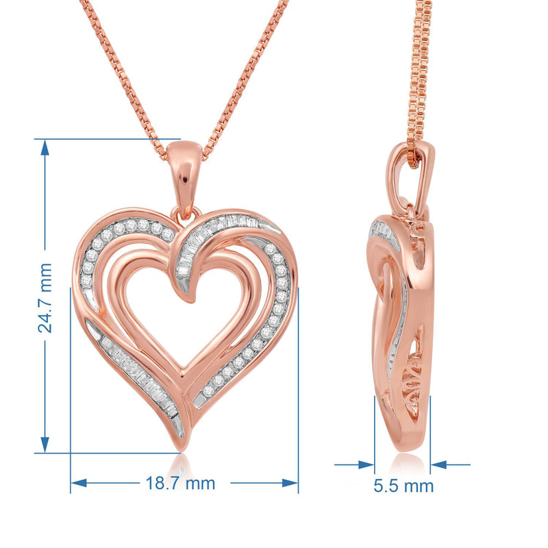 Jewelili Heart Pendant Necklace with Round and Baguettes Natural Diamonds in 14K Rose Gold over Sterling Silver 1/4 CTTW View 4