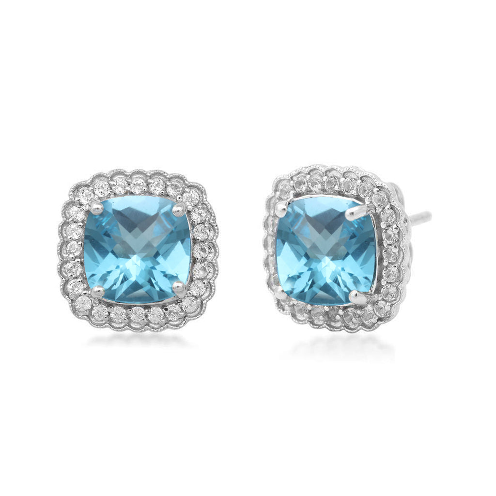 Jewelili Round Earrings Swiss Blue Topaz in Sterling Silver