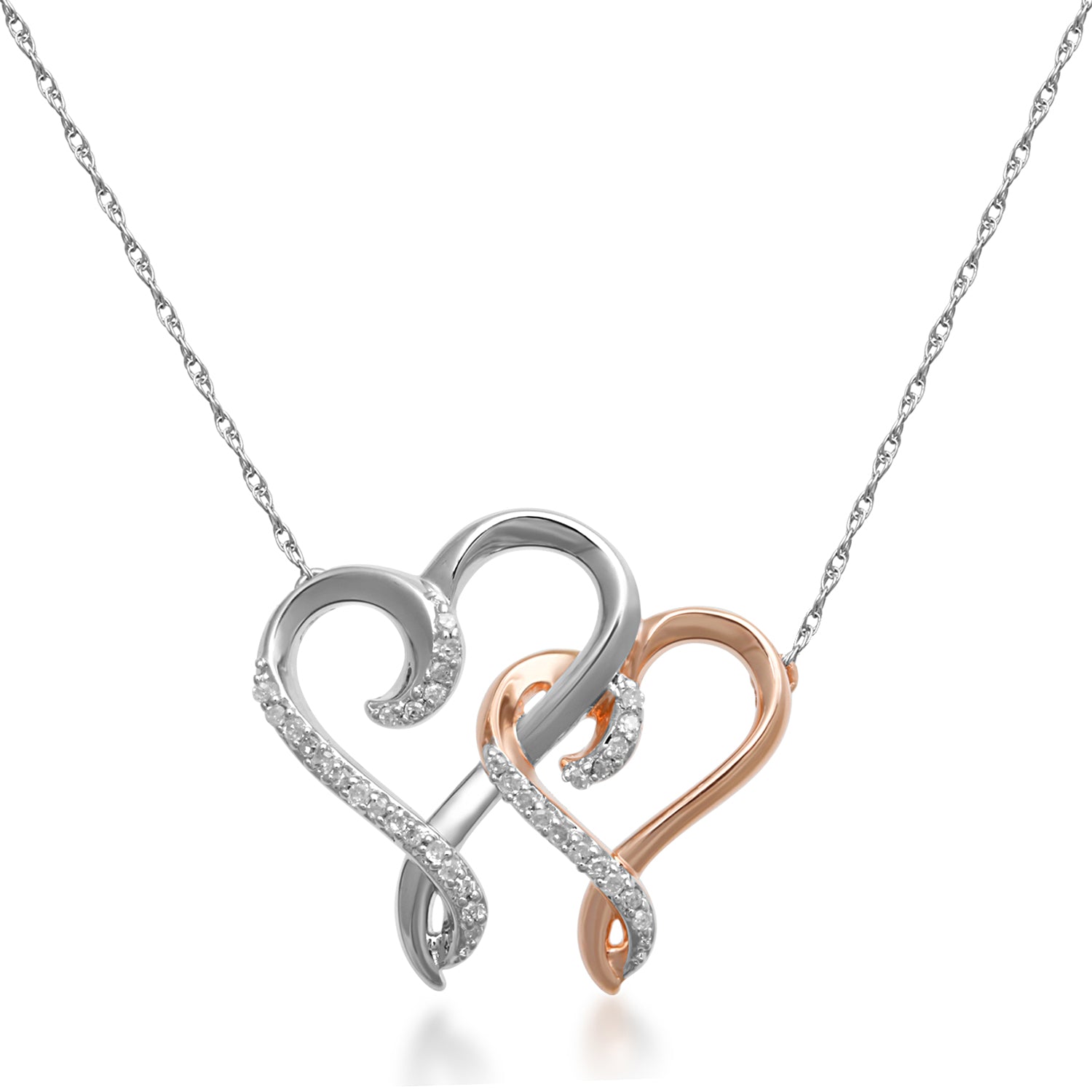 Jewelili Double Heart Necklace Pendant with Natural White Round