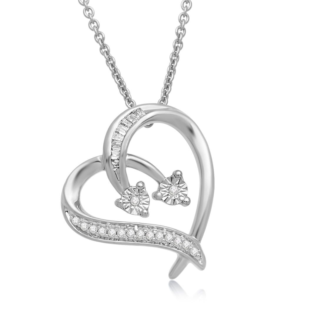 Jewelili Sterling Silver with 1/10 CTTW Diamonds Heart Pendant Necklace