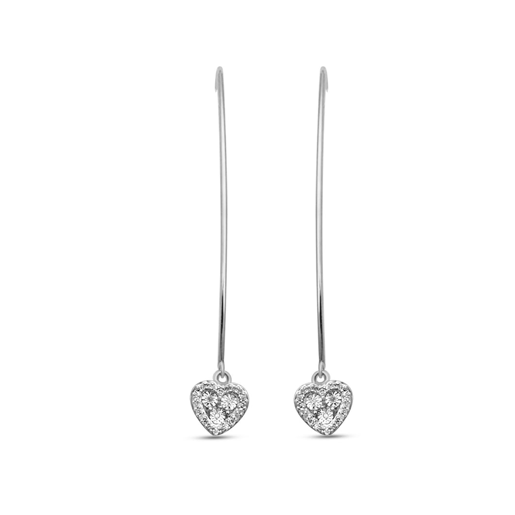 Jewelili Heart Drop Earrings with Natural White Round Diamonds in 10K White Gold 1/10 CTTW 