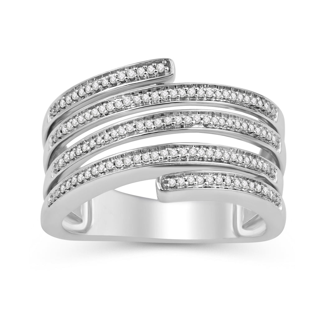 Jewelili Sterling Silver 1/5 CTTW Natural White Round Diamonds Multi Row Criss Cross Ring