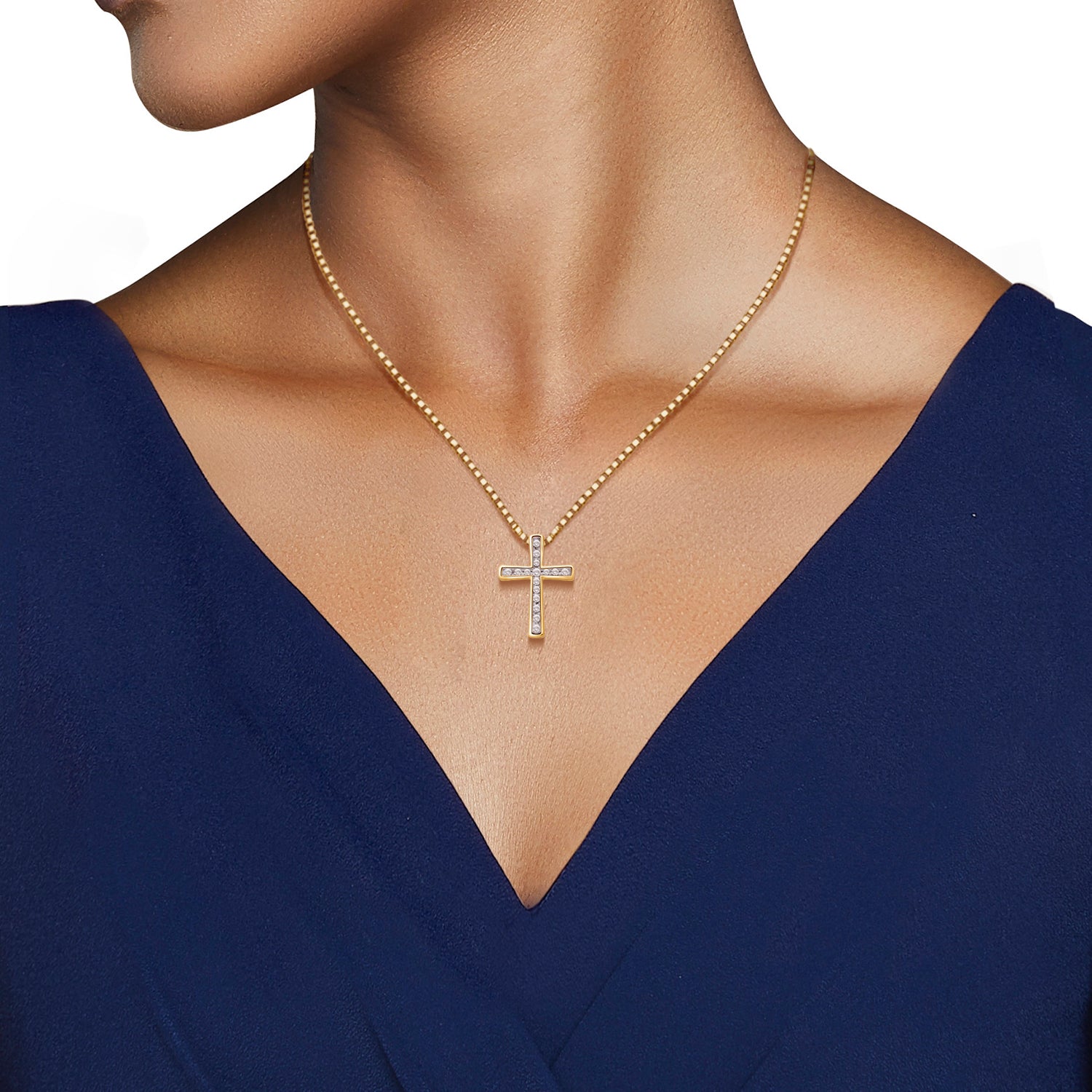 Jewelili Cross Pendant Necklace Diamond Jewelry in Yellow Gold & 1