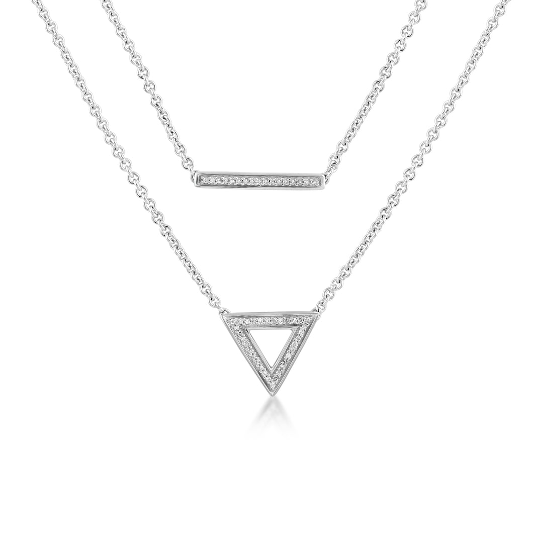 Jewelili Sterling Silver With 1/10 CTTW Natural White Diamonds Bar and Triangle Pendant Necklace