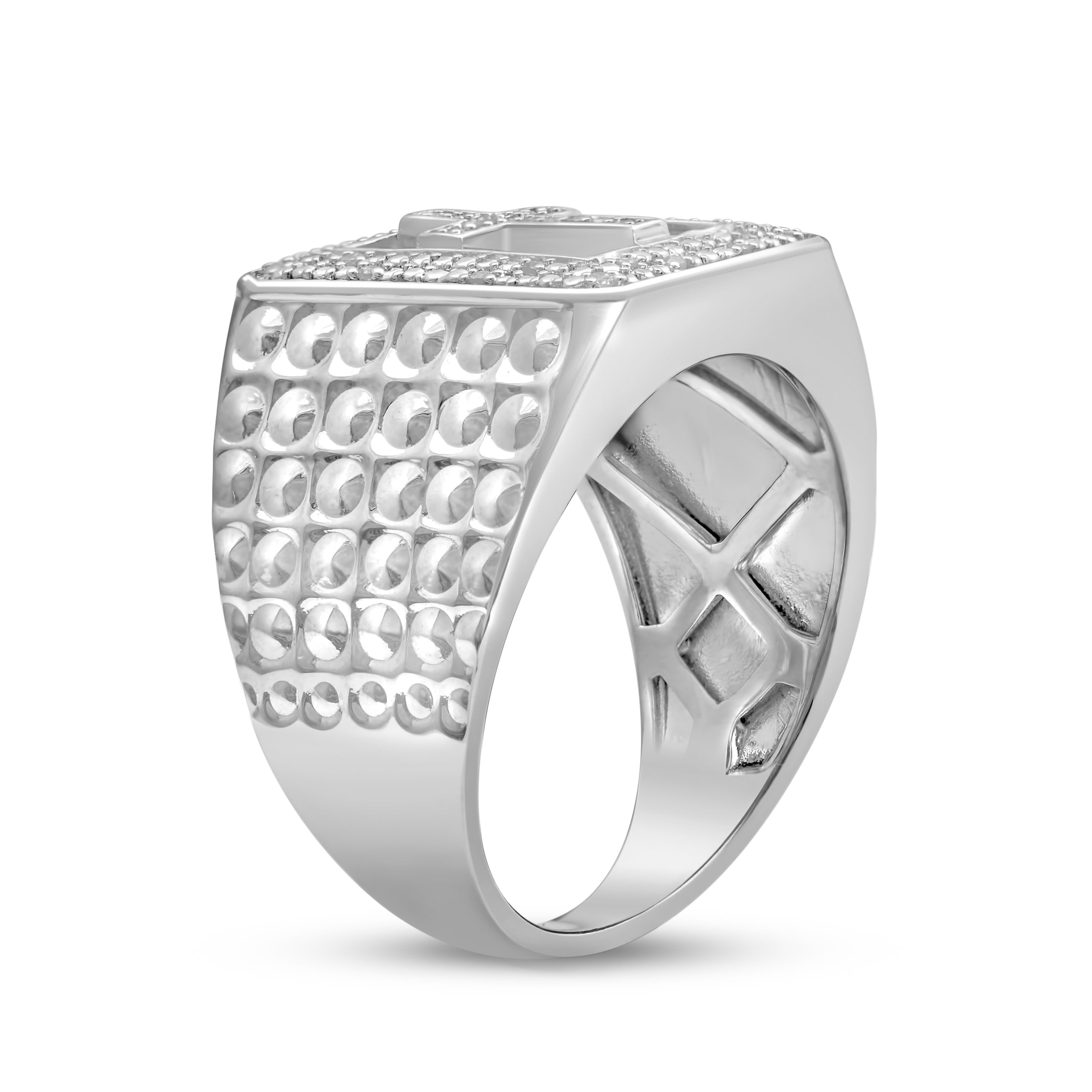 Jewelili Cross Texture Men's Ring with Natural White Round 