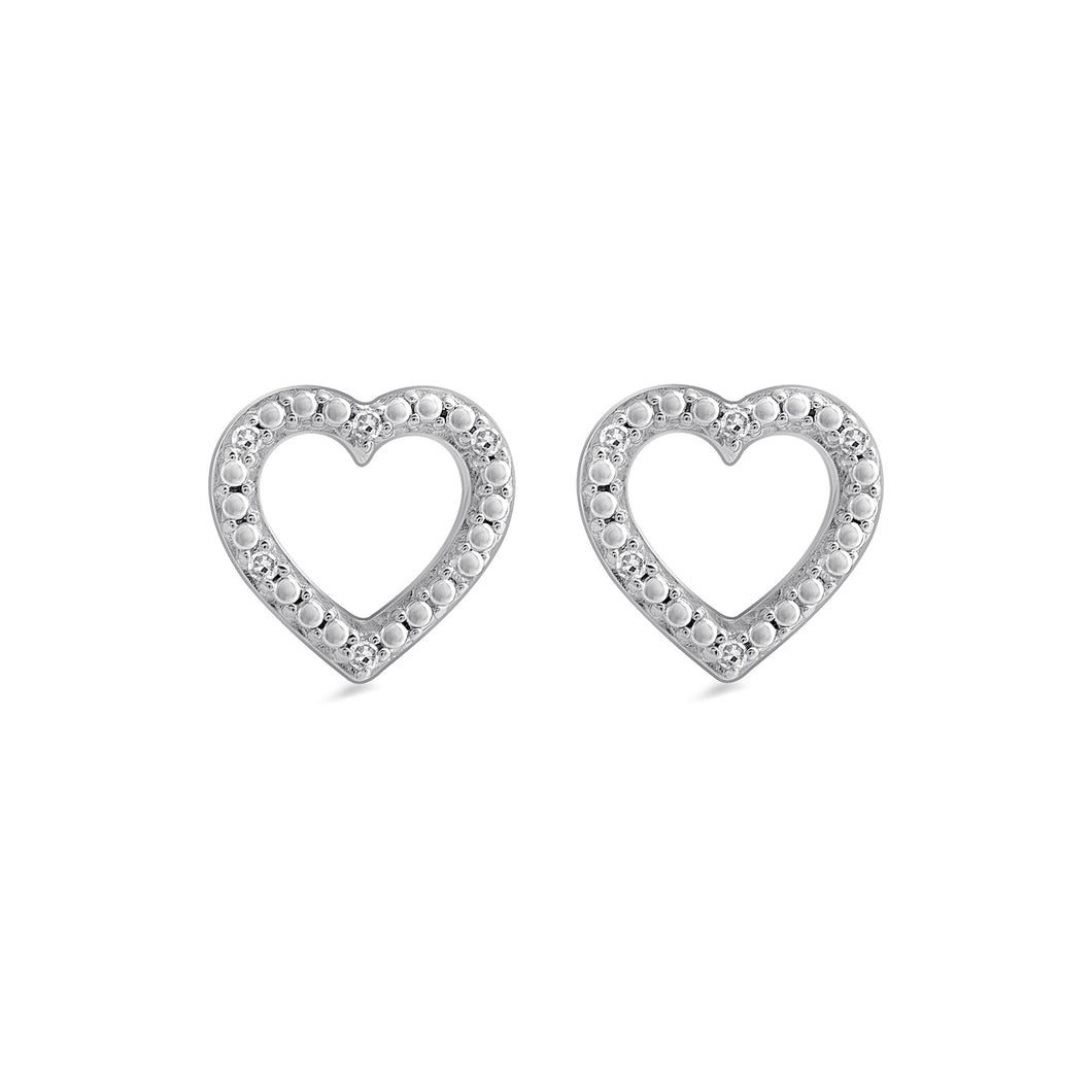 Jewelili Sterling Silver With White Round Diamonds Heart Shape Stud Earrings