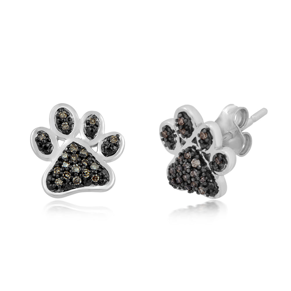 Jewelili Sterling Silver With 1/6 CTTW Champagne Natural Diamond Dog Paw Stud Earrings