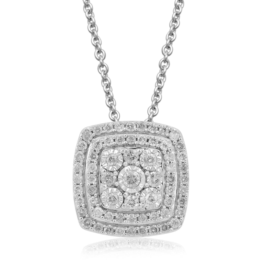 Jewelili Sterling Silver With 1/2 CTTW White Diamonds Square Shape Pendant Necklace