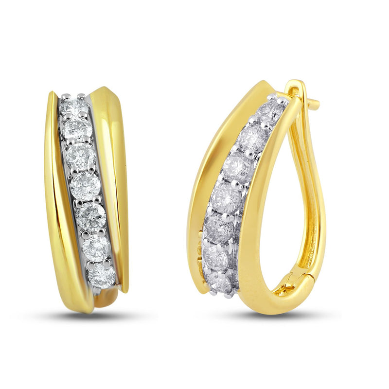 Jewelili 10K Yellow Gold With 1.00 CTTW Natural White Diamond Hoop Earrings