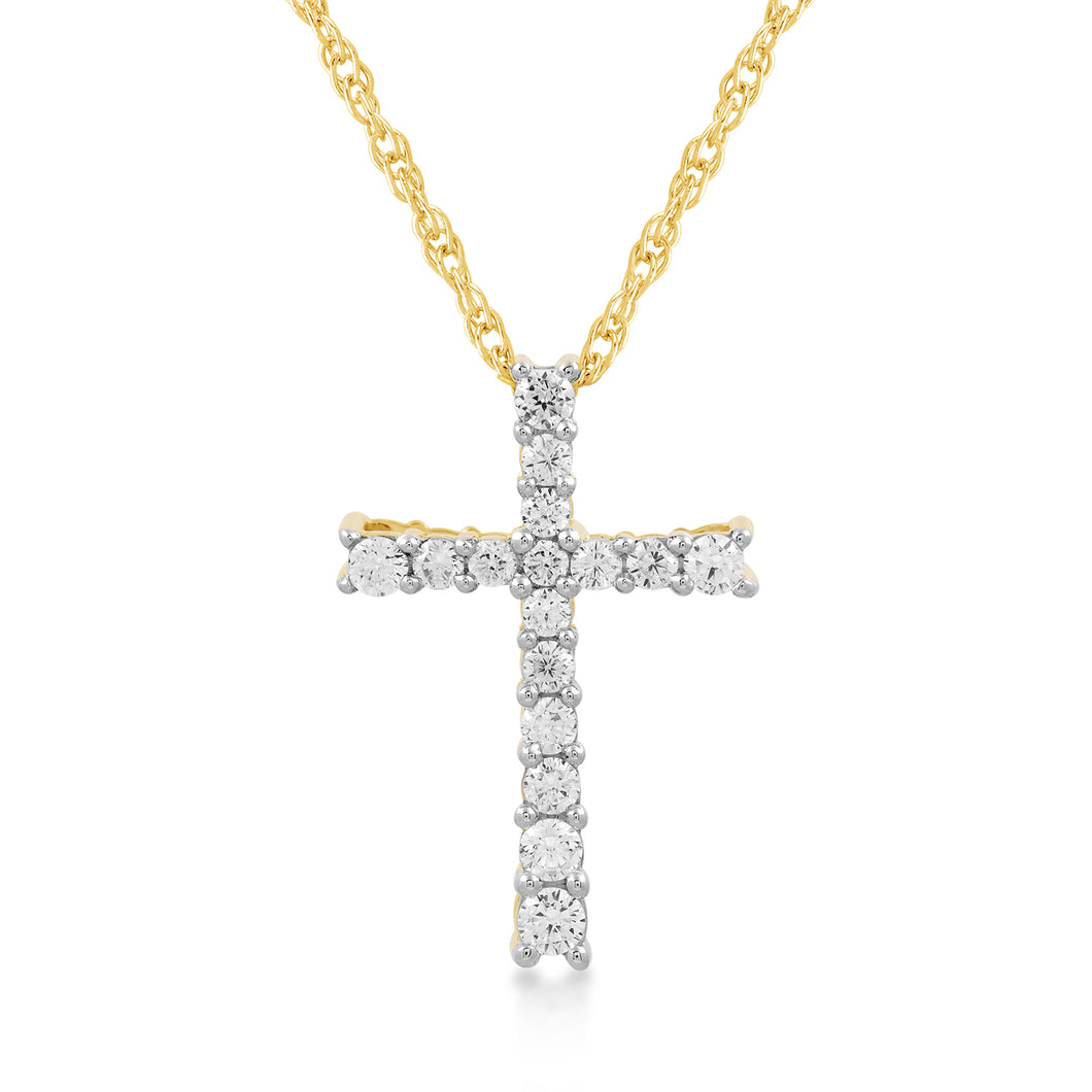 Jewelili 10K Yellow Gold With 1/2 CTTW Natural Round Diamonds Cross Pendant Necklace