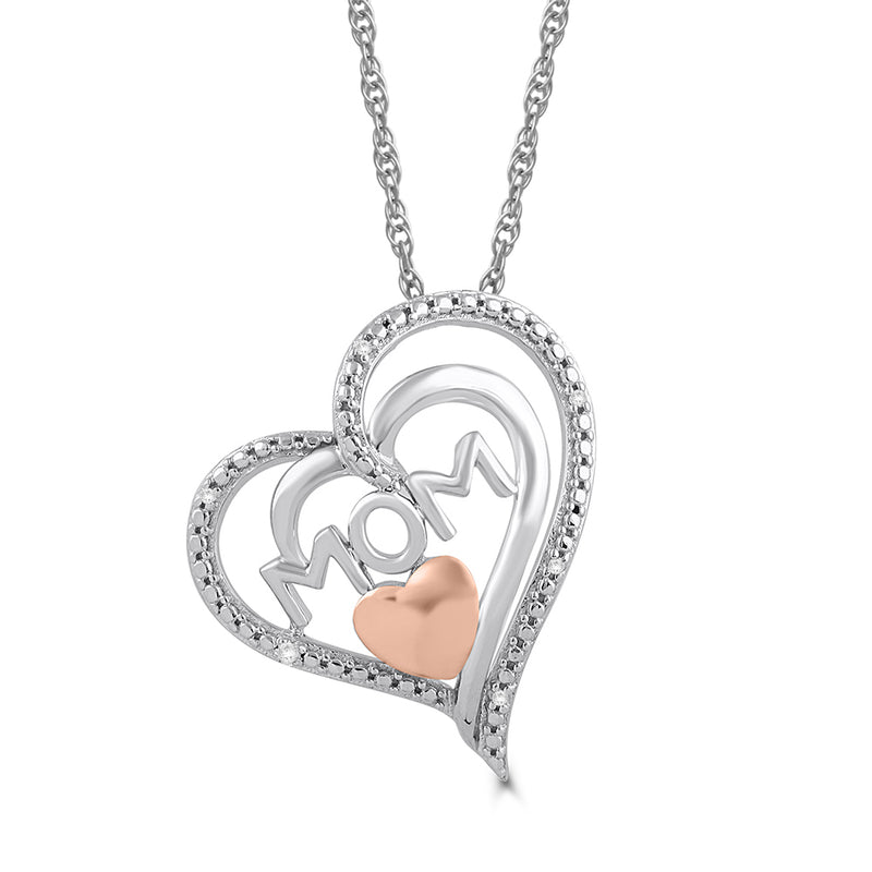 Jewelili Sterling Silver and 10K Rose Gold With Natural White Diamond "Mom" Heart Pendant Necklace