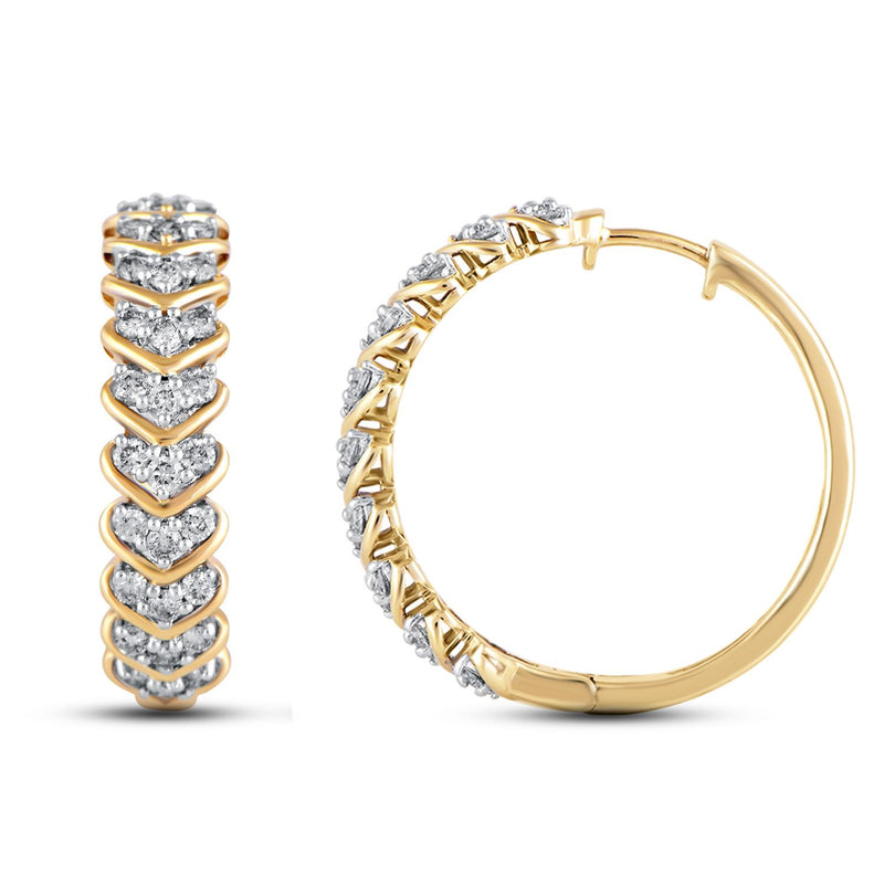 Jewelili 10K Yellow Gold With 1.00 CTTW Natural White Diamond Hoop Earrings