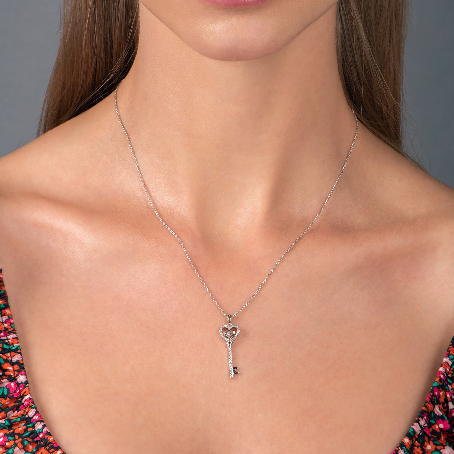 Jewelili Key Necklace Diamond Jewelry in Sterling Silver & 1/10 CTTW Diamond