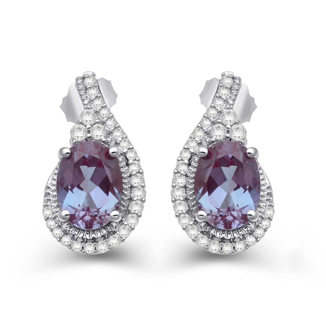 Jewelili Stud Earrings with Created Alexandrite and Created White Sapphire in Sterling Silver View 1