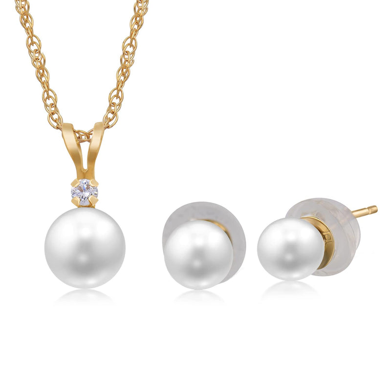 Jewelili 10K Yellow Gold with Pearl and Cubic Zirconia Pendant Necklace and Stud Earrings Jewelry Set