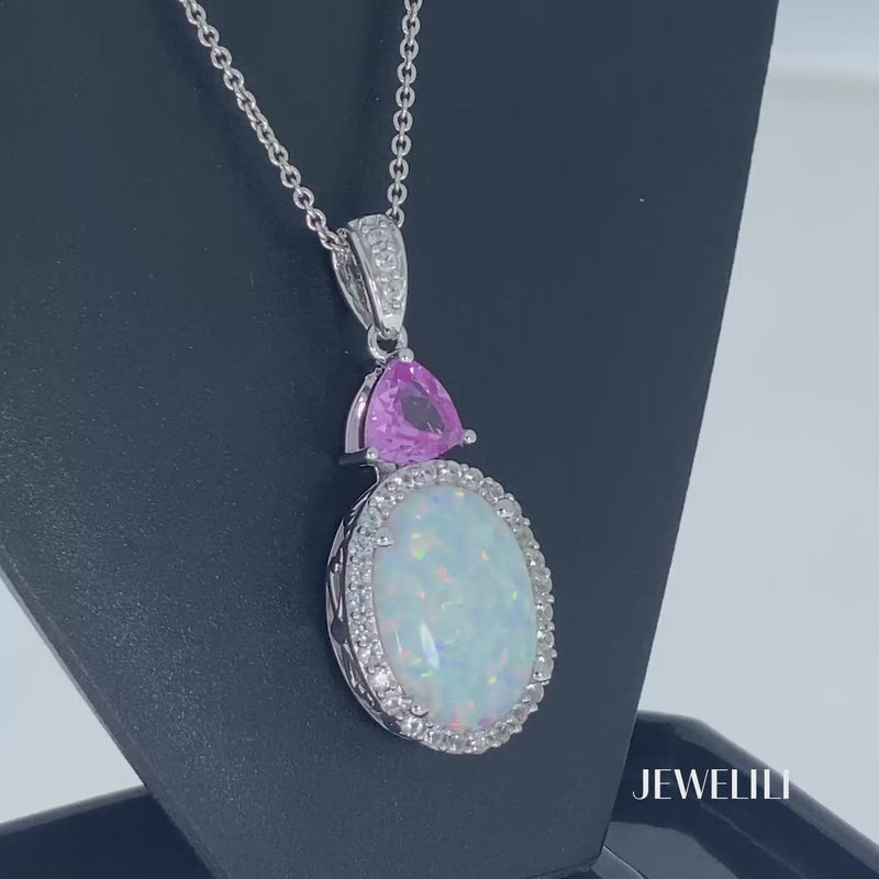 Jewelili Pendant Necklace with Cabochon Oval Created Opal with