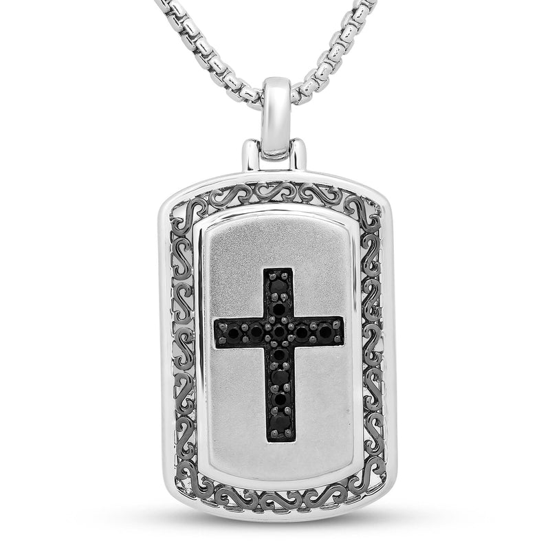 Jewelili Sterling Silver with 1/4 CTTW Treated Black Diamond Cross Dog Tag Men's Pendant Necklace