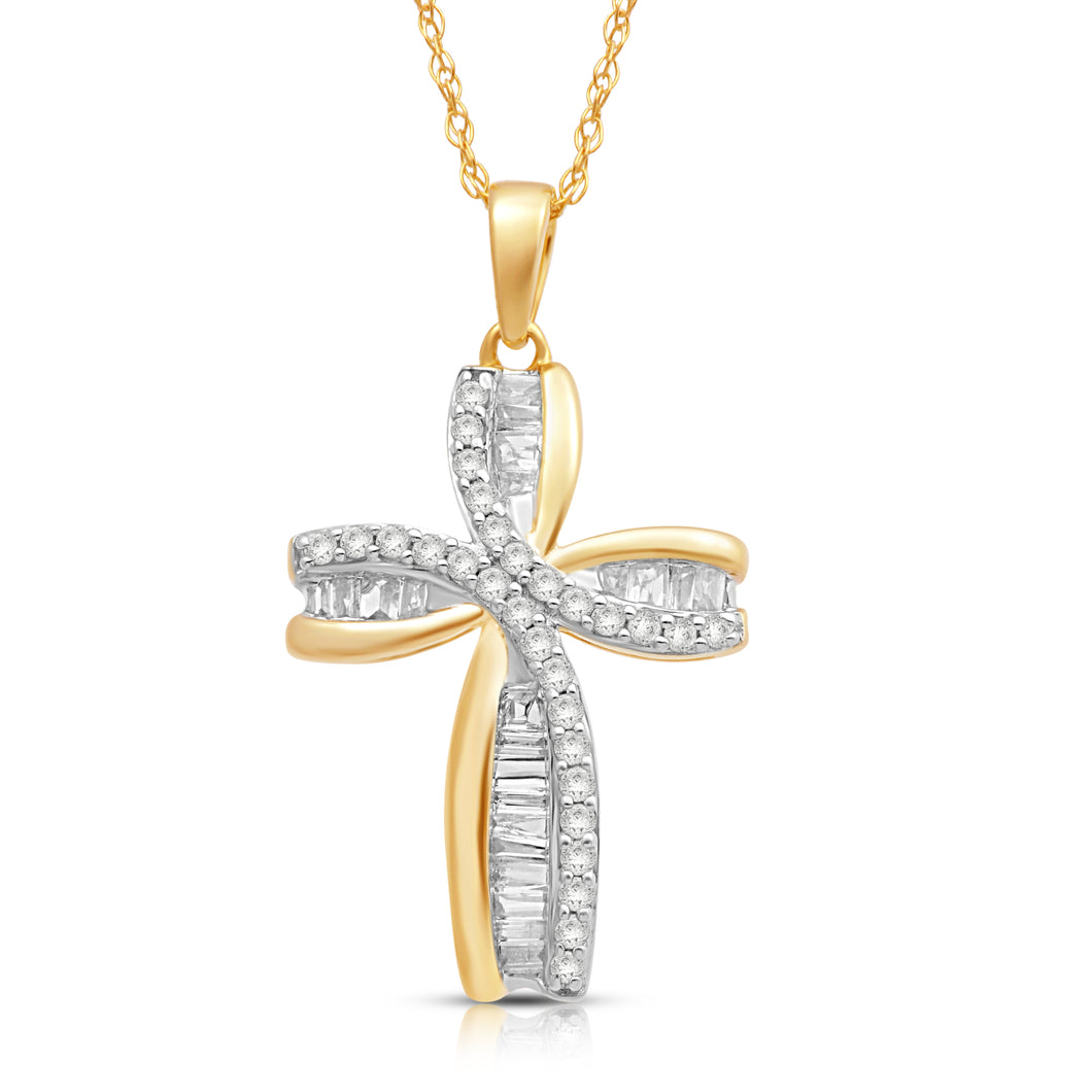 Jewelili Cross Pendant Necklace with Natural White Diamond in 10K Yellow Gold 1/4 CTTW 