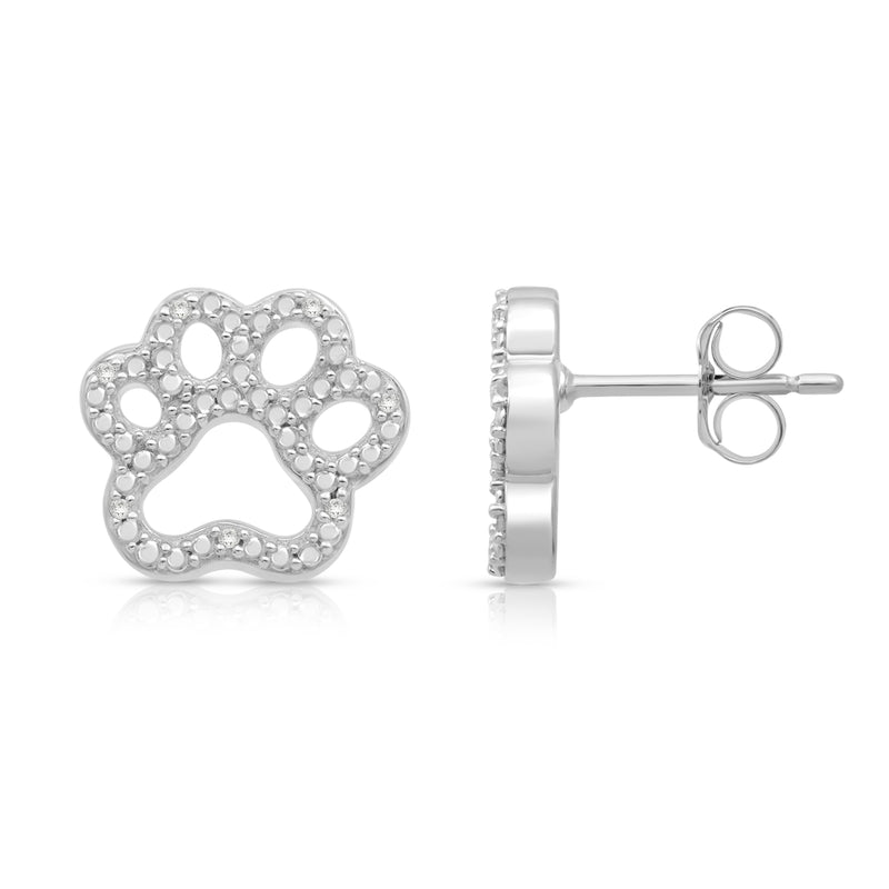 Jewelili Paw Stud Earrings with Natural White Round Diamonds in Sterling Silver View 4