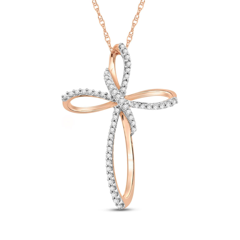 Jewelili 10K Rose Gold With 1/5 CTTW Natural White Diamonds Cross Pendant Necklace