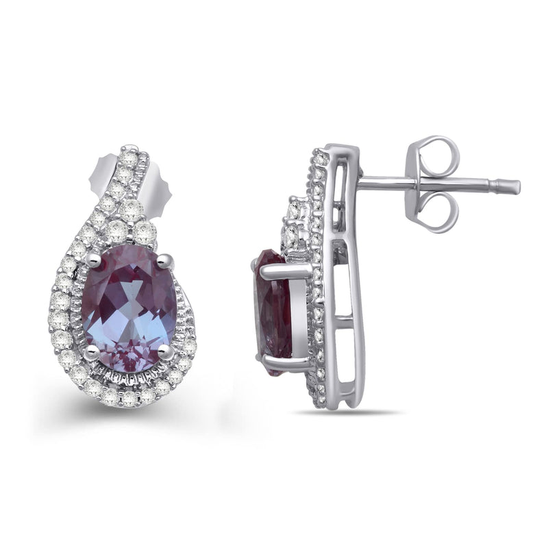 Jewelili Stud Earrings with Created Alexandrite and Created White Sapphire in Sterling Silver View 2