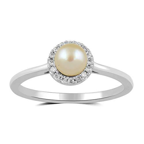 Jewelili Halo Ring with Round Pearl and Cubic Zirconia in Sterling Silver View 1