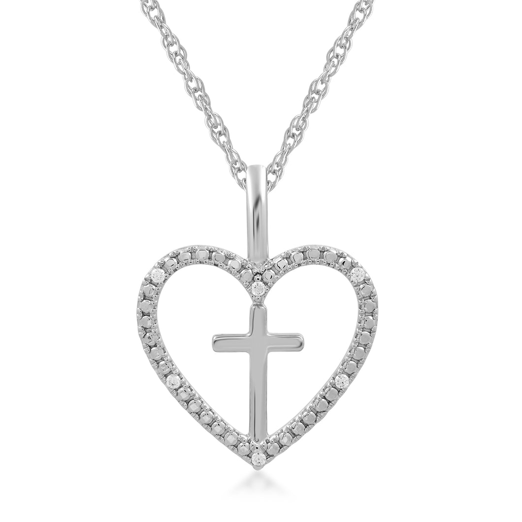 Jewelili Cross Heart Pendant Necklace with Natural White Round Diamonds in Sterling Silver