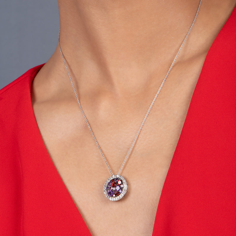 Jewelili Sterling Silver with Round Garnet Amethyst Pink Toumaline with Round Created White Sapphire Halo Pendant Necklace