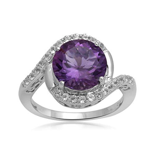 Jewelili Bypass Ring with Amethyst and White Topaz in Sterling Silver