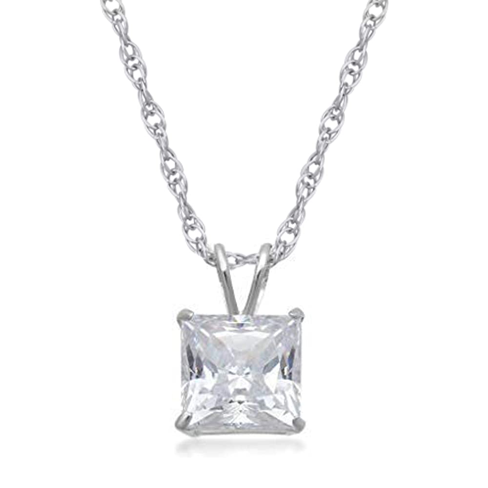 Jewelili Square Cubic Zirconia Solitaire Pendant Necklace in 10K White Gold View 1