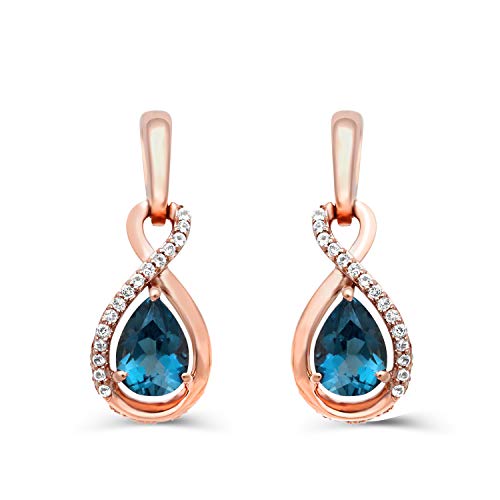 Jewelili Teardrop Drop Earrings with Pear Natural London Blue Topaz and Round Natural White Topaz in 10K Rose Gold View 2