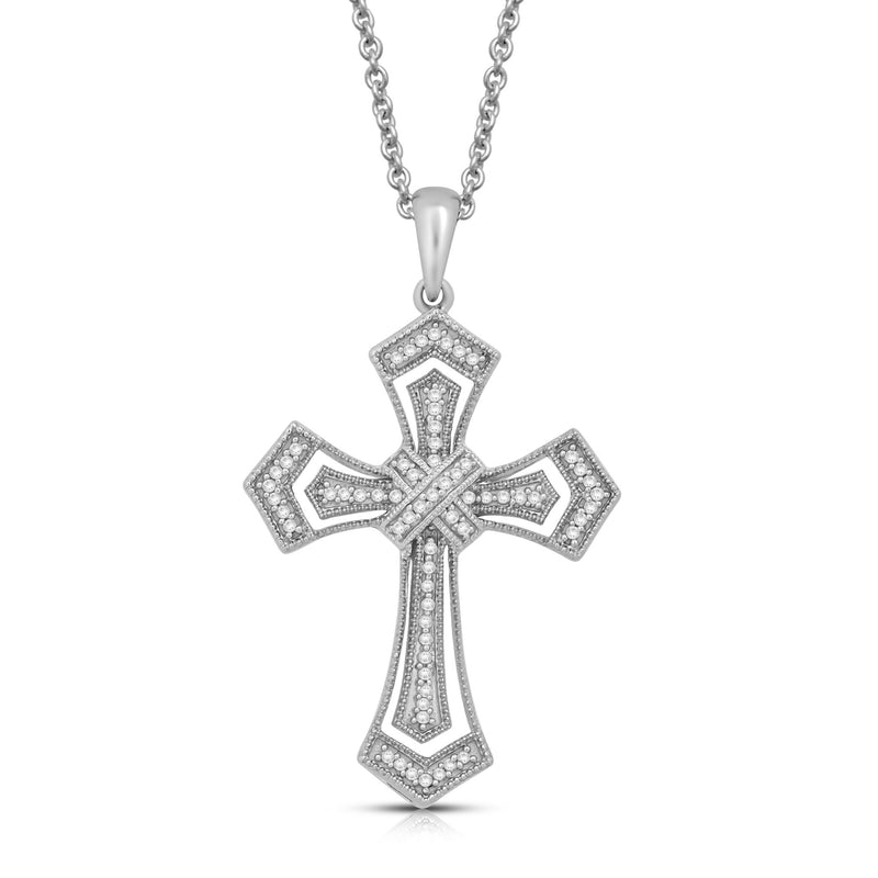 Jewelili Sterling Silver With 1/5 CTTW Diamonds Cross Pendant Necklace