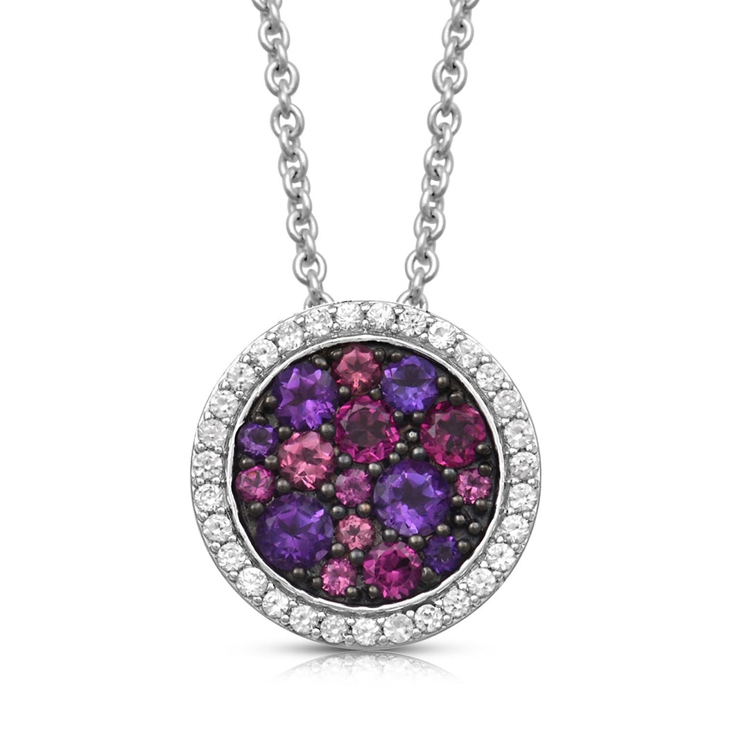 Jewelili Sterling Silver with Round Garnet Amethyst Pink Toumaline with Round Created White Sapphire Halo Pendant Necklace