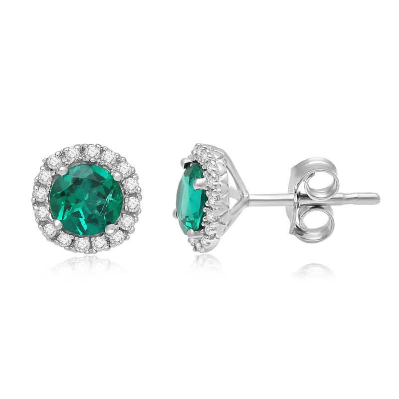 Jewelili Sterling Silver Created Emerald and Created White Sapphire Halo Stud Earrings