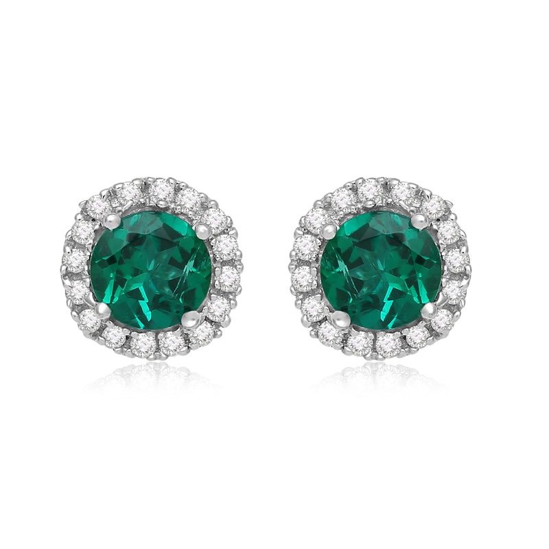 Jewelili Sterling Silver Created Emerald and Created White Sapphire Halo Stud Earrings