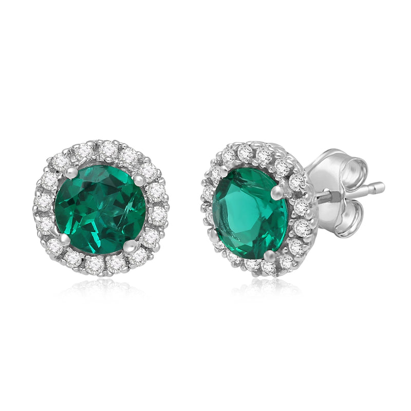 Jewelili Sterling Silver Created Emerald and Created White Sapphire Halo Stud Earrings